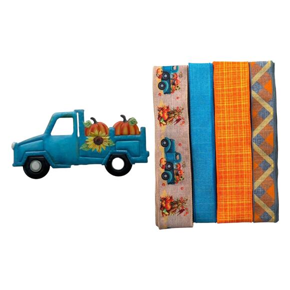Pumpkin Truck Wreath Making Kit | Blue Truck Pumpkins Sunflowers Sign Ribbon Set - Picture 1 of 5